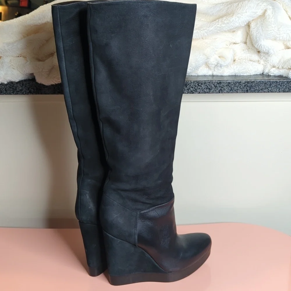 Vince Suede Nubuck Wedge Knee High Mob Wife Boots Made in Italy Black 9 US 40 EU